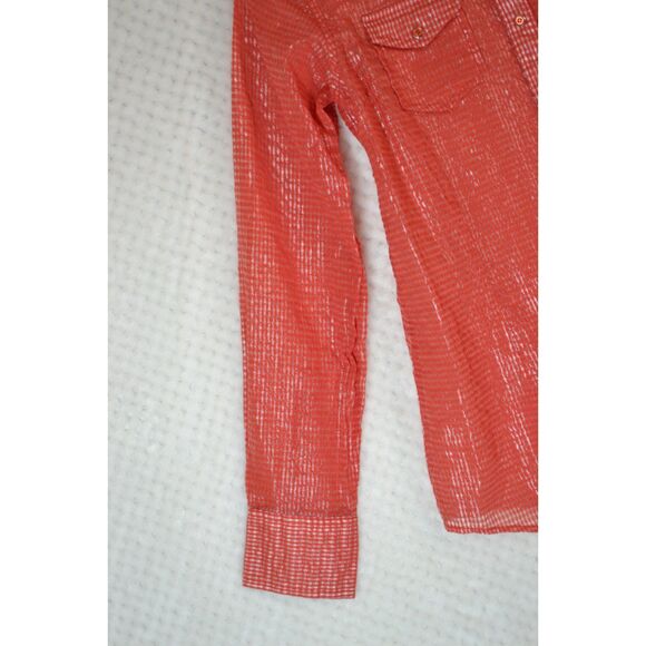 Ariat Women's Medium Red Gold Plaid Sheer Snap Button Down Long Sleeve Shirt - Picture 3 of 14